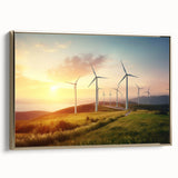 Framed canvas wall art showcasing a serene landscape with windmills, featuring a gold frame and side view perspective. Ideal for enhancing modern home decor.