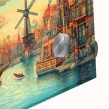 Close-up of a vibrant acrylic glass wall art piece showcasing a serene landscape with windmills, featuring rich colors and intricate details, perfect for home decor.