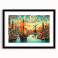 Framed wall art featuring a serene landscape of windmills against a vibrant sky, presented in a sleek black frame with a mat for an elegant touch, ideal for home decor.
