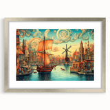 Framed wall art showcasing a serene landscape with windmills, featuring a silver frame and matting, perfect for enhancing home decor with a touch of elegance.
