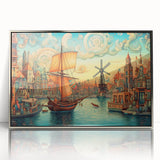 Framed wall art featuring a serene landscape with windmills under a clear blue sky, accented by silver detailing, ideal for modern home decor.