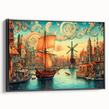 Framed canvas wall art showcasing a serene landscape with windmills, featuring a black frame and side view, perfect for enhancing home décor and adding a touch of tranquility.