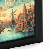 Framed canvas wall art showcasing a vibrant landscape with windmills, featuring rich colors and intricate details, perfect for home decor enhancement.