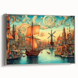 Framed canvas wall art showcasing a serene landscape with windmills, highlighted by a silver frame. Perfect for enhancing modern home decor.