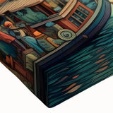 Close-up of a vibrant stretched canvas wall art piece depicting a serene landscape with windmills, showcasing rich colors and intricate details, perfect for home decor.