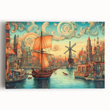 Stretched canvas wall art showcasing a vibrant landscape with windmills, featuring rich colors and intricate details, perfect for home decor enhancement.