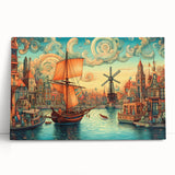 Stretched canvas wall art showcasing a scenic landscape with windmills against a vibrant sky, perfect for home decor, exuding tranquility and charm.