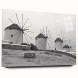 Acrylic wall art collection showcasing a serene landscape with windmills under a clear blue sky, side view highlighting the sleek design and vibrant colors. Perfect for modern home decor, adding a touch of tranquility and elegance to any room.
