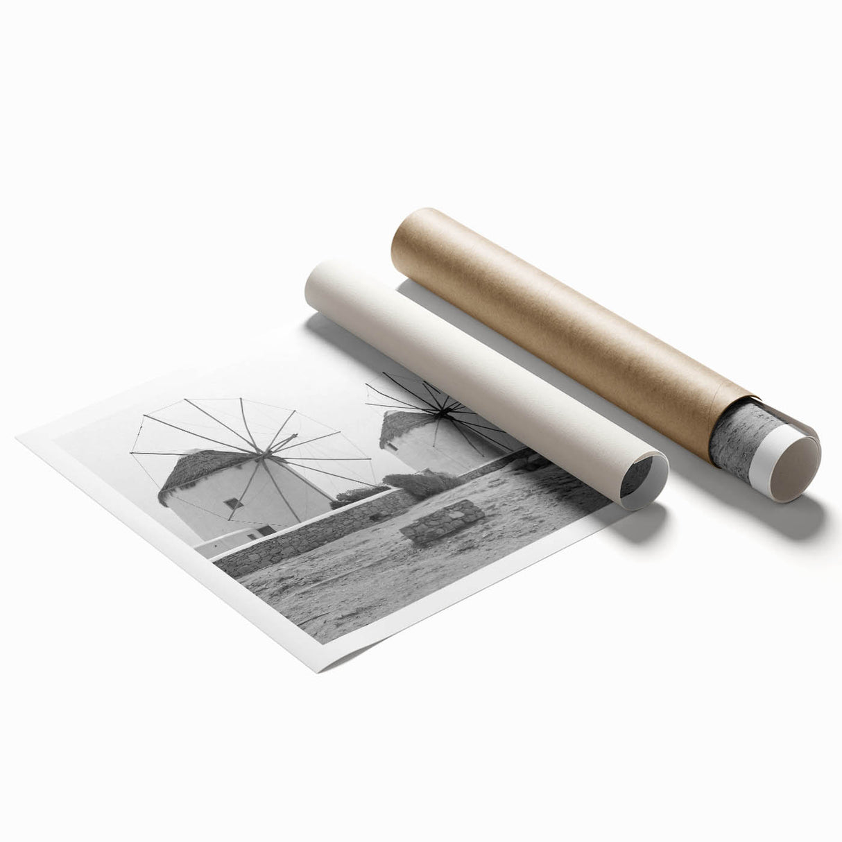 Rolled print showcasing a serene landscape with windmills against a vibrant sunset, perfect for home decor. The artwork features soft colors and detailed textures, ideal for adding a calming touch to any room.