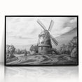 Framed acrylic wall art featuring a picturesque landscape with windmills, designed in a modern style with a sleek black frame, perfect for home decor.
