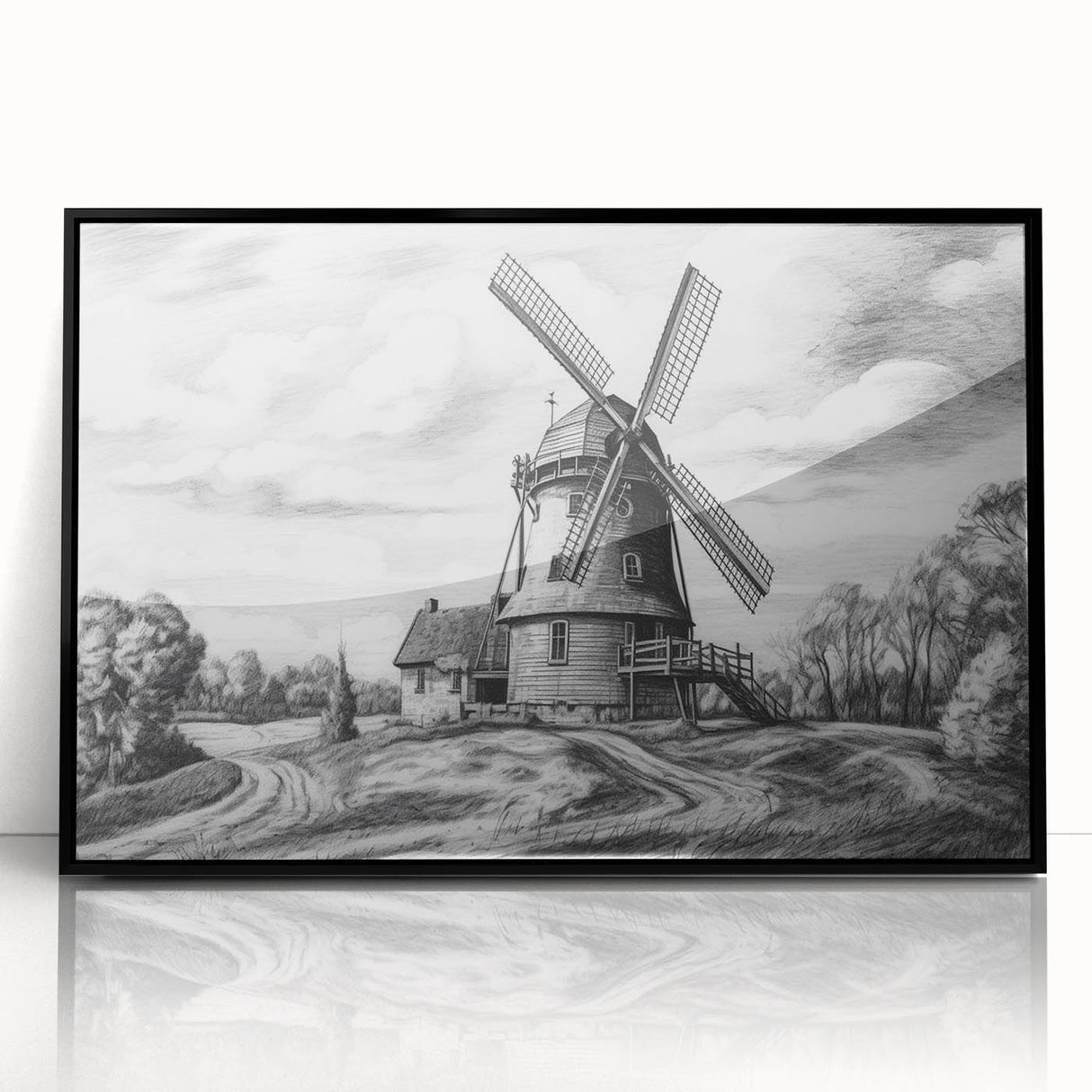 Framed acrylic wall art featuring a picturesque landscape with windmills, designed in a modern style with a sleek black frame, perfect for home decor.