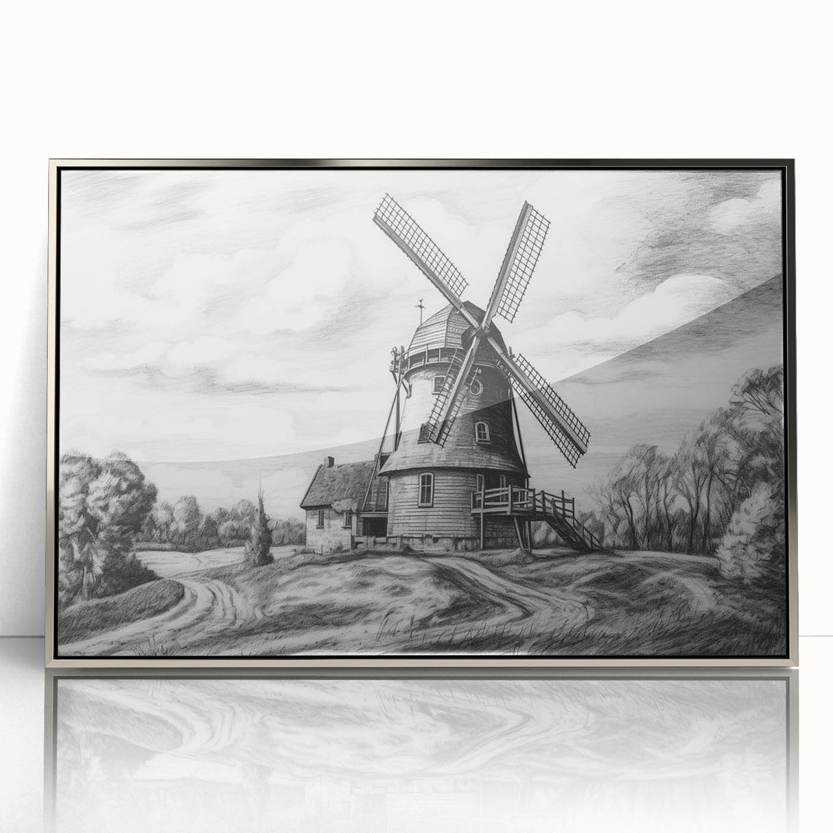 Framed acrylic wall art showcasing a serene landscape with windmills, featuring a silver frame that enhances the modern aesthetic, perfect for home decor.