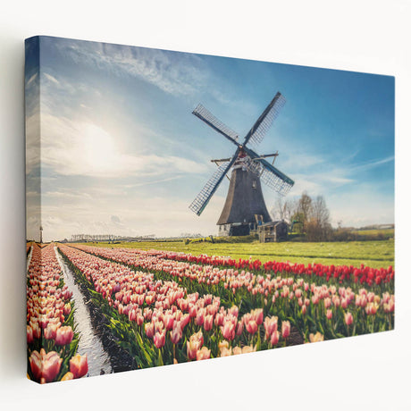 Vibrant stretched canvas wall art showcasing a scenic landscape with windmills, featuring rich colors and detailed textures, ideal for home decor enhancement.