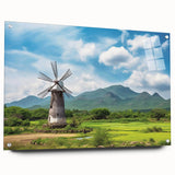 Acrylic glass wall art depicting colorful windmills set in a serene landscape, showcasing intricate designs and vibrant colors, perfect for home decor.