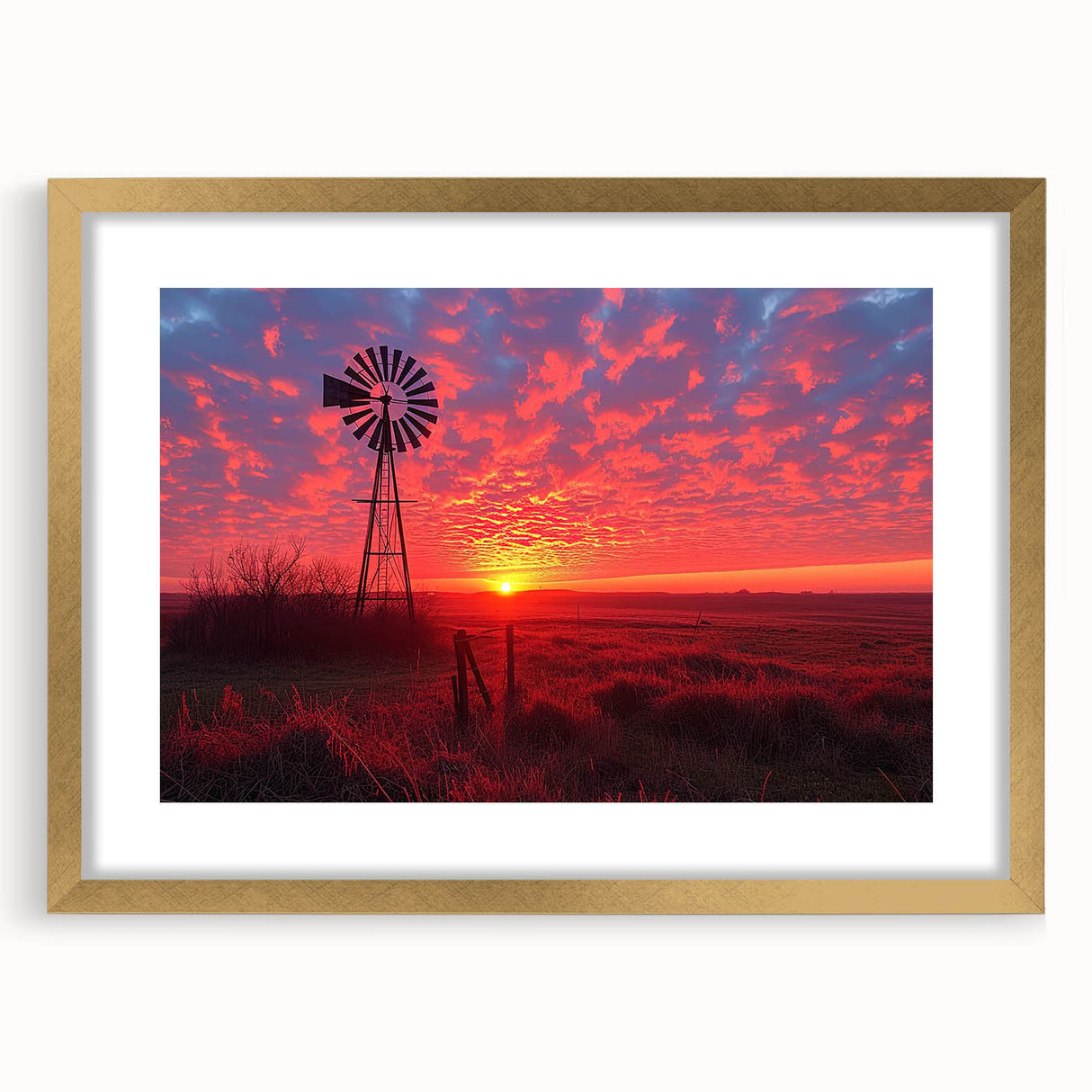 Framed wall art collection featuring a vibrant landscape with windmills, set in an elegant gold frame with a mat, ideal for modern home decor.