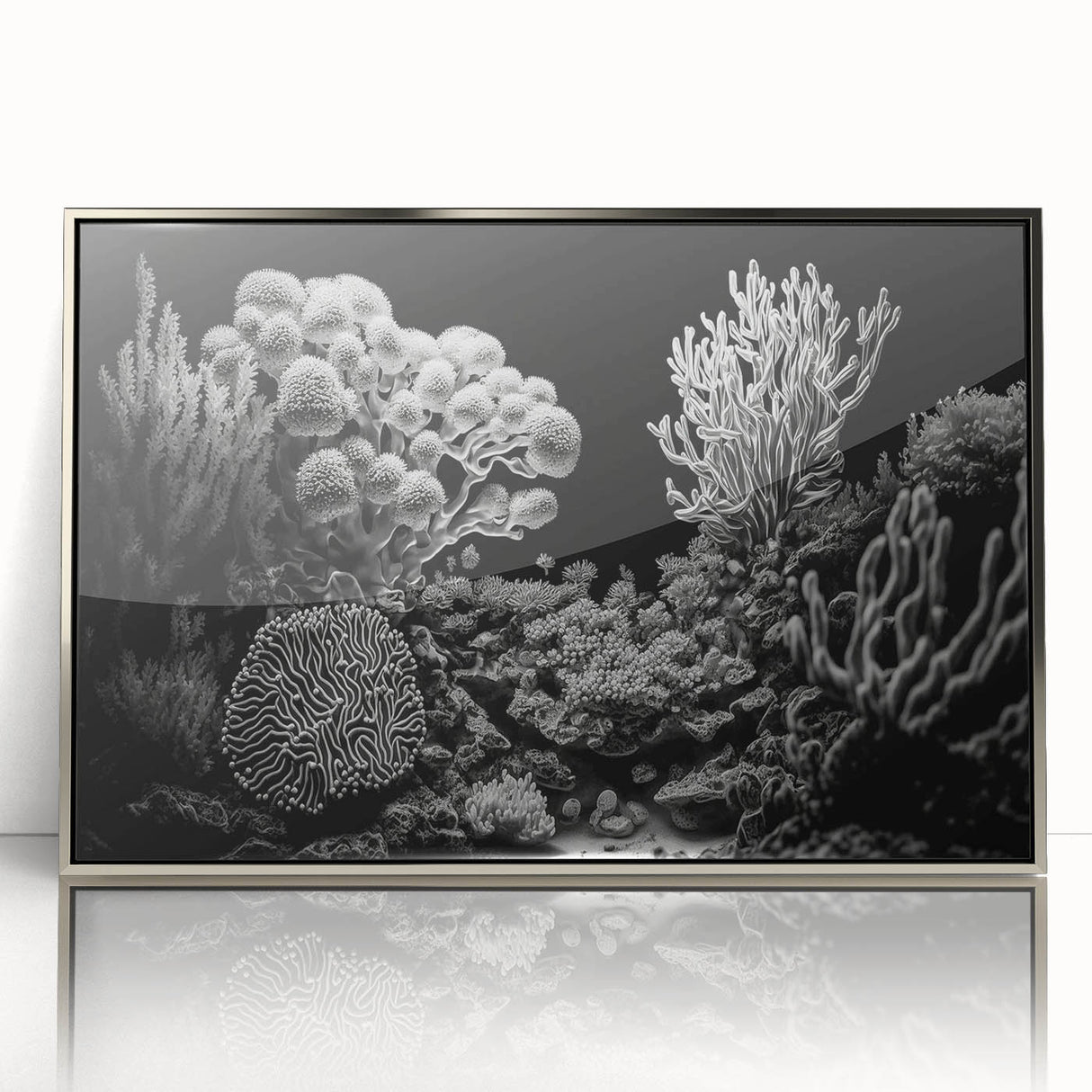 Framed wall art showcasing a vibrant marine life coral design in shades of blue and orange, featuring a sleek silver frame that enhances its modern aesthetic. Perfect for ocean-themed decor.