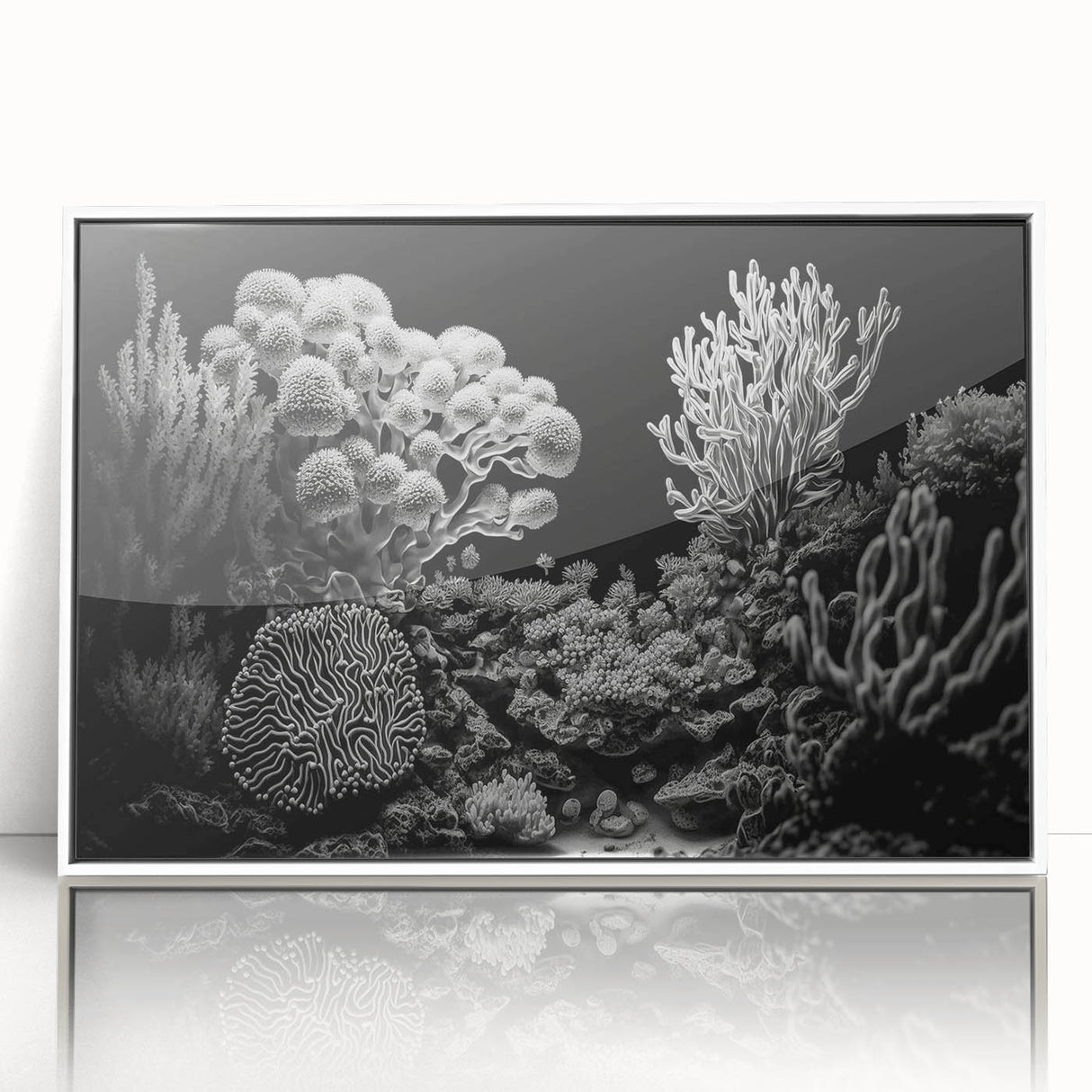 Framed acrylic wall art featuring a vibrant marine life coral design, showcasing colorful corals and aquatic elements on a white background, perfect for ocean-themed decor.