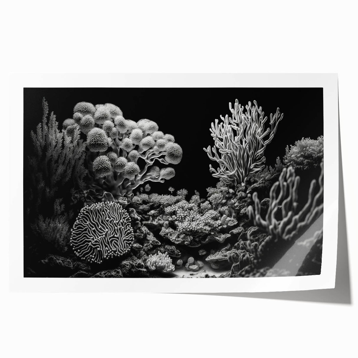Vibrant coral reef design wall art print showcasing colorful marine life, ideal for ocean-themed decor, rolled for easy framing and display.