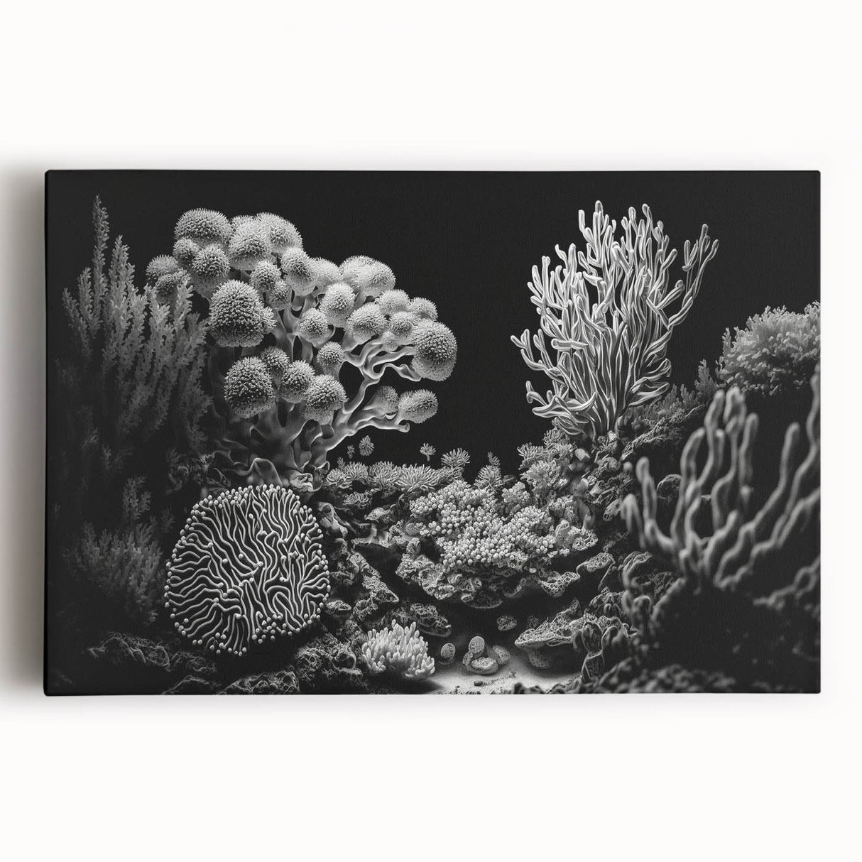 Vibrant stretched canvas artwork showcasing a colorful coral reef design, featuring intricate marine life details, perfect for enhancing ocean-themed decor.