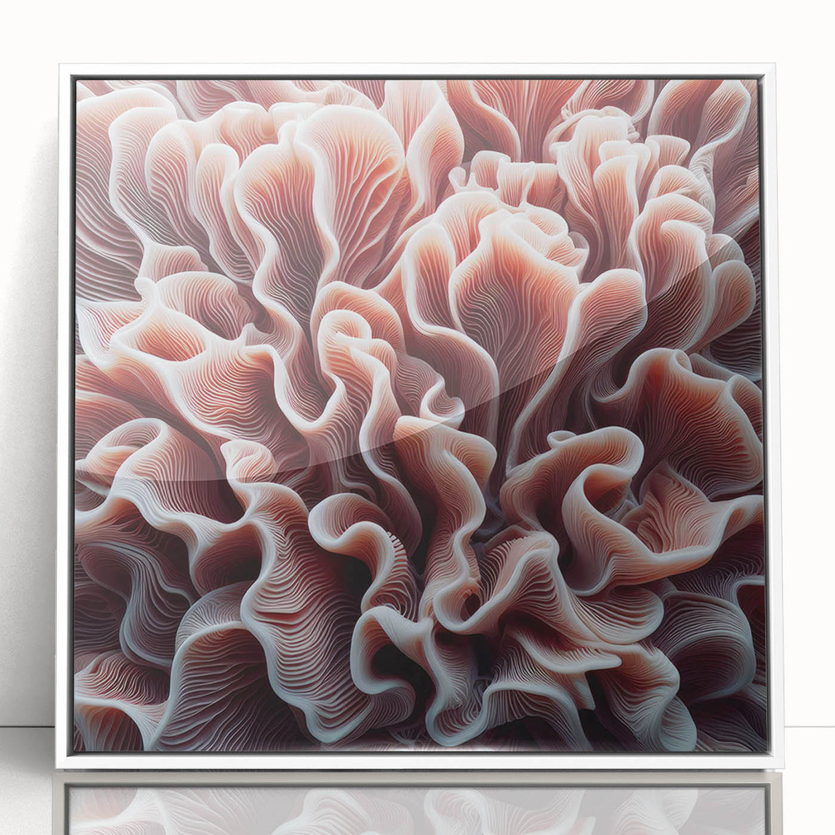 Framed acrylic wall art featuring a vibrant coral design, showcasing marine life with intricate details and a sleek white frame, perfect for ocean-themed decor.