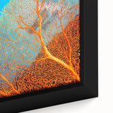 Close-up of a framed canvas wall art piece showcasing vibrant marine life and intricate coral designs, perfect for enhancing ocean-themed decor in homes or offices.