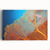 Vibrant stretched canvas wall art depicting a colorful marine life coral design, showcasing intricate underwater details and textures, perfect for ocean-themed decor.