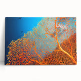 Vibrant marine life coral design stretched canvas wall art, showcasing colorful corals and fish, perfect for ocean-themed decor in homes or offices.