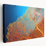 Stretched canvas wall art showcasing a vibrant marine life coral design, featuring rich blues and greens, perfect for ocean-themed decor or nature enthusiasts.