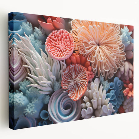 Vibrant coral design wall art on stretched canvas, showcasing intricate marine life patterns in blues and oranges, perfect for ocean-themed decor.