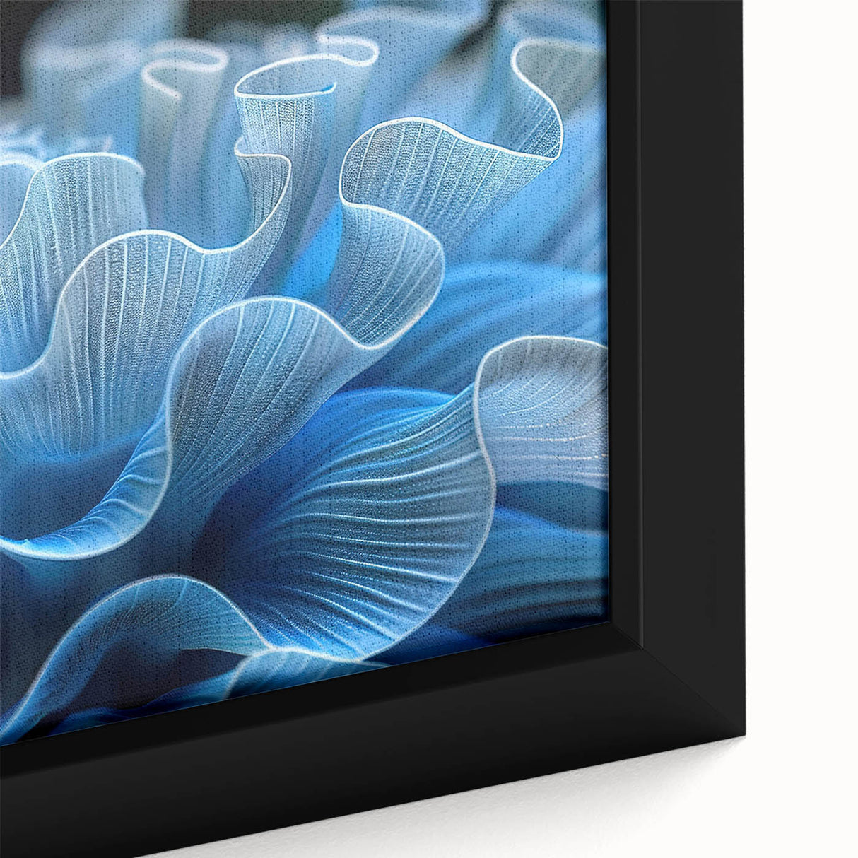 Close-up of a framed canvas wall art piece showcasing vibrant marine life coral design, featuring intricate details in shades of blue, orange, and green, perfect for ocean-themed decor.