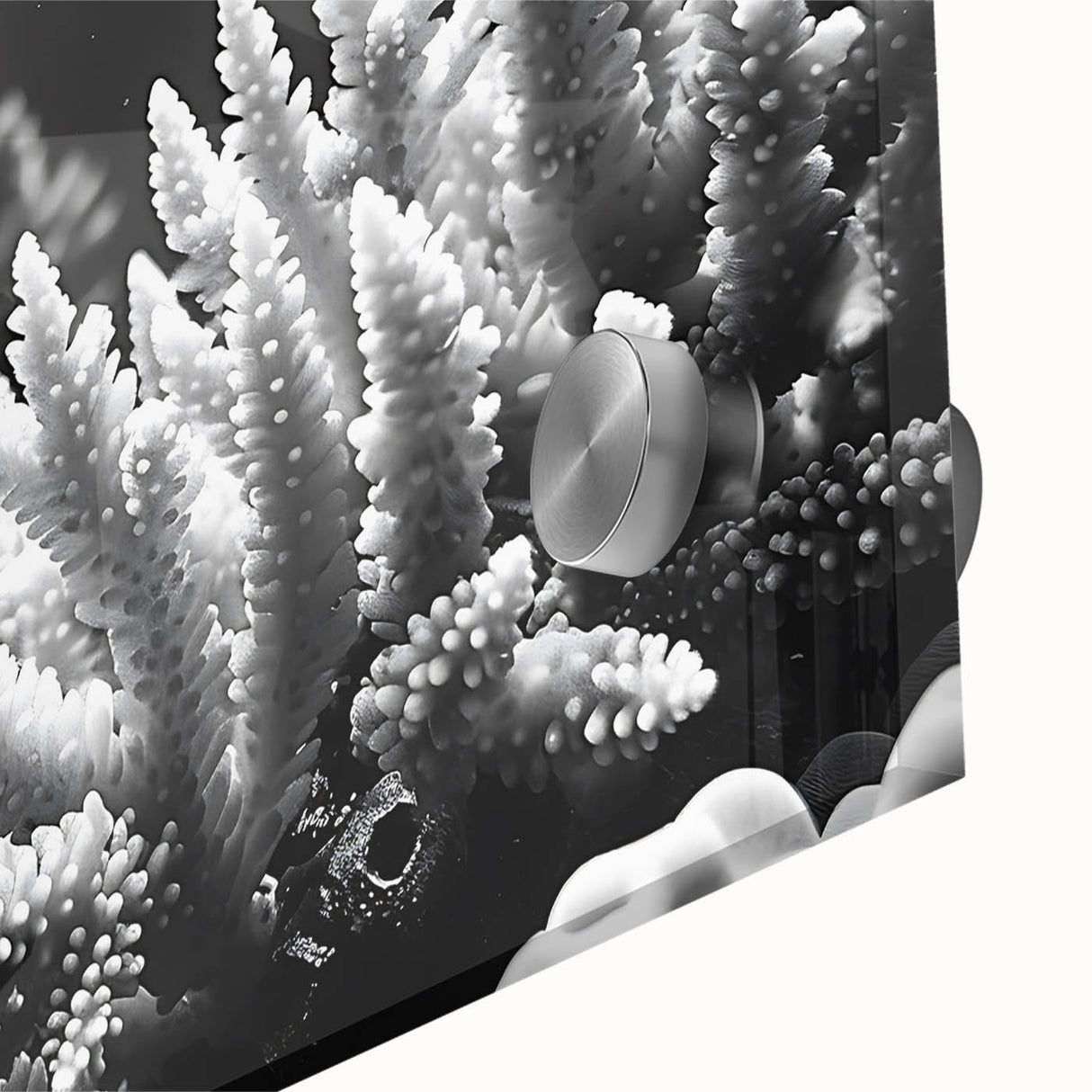 Close-up of a vibrant marine life coral design wall art piece, showcasing intricate details and vivid colors on acrylic glass, perfect for ocean-themed decor.