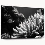 Acrylic glass wall art showcasing a vibrant marine life coral design, displayed from the side with visible mounting pins, perfect for aquatic-themed decor.