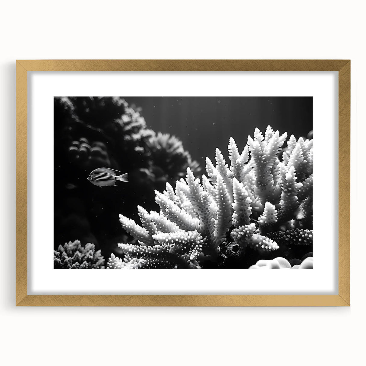 Framed wall art featuring a vibrant marine life coral design, highlighted with a gold frame and mat, perfect for ocean-themed decor. Ideal for enhancing living spaces.