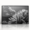 Framed acrylic wall art showcasing vibrant coral reef marine life design, featuring intricate details and a sleek black frame, ideal for ocean-themed decor.