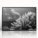 Framed acrylic wall art showcasing vibrant coral reef marine life design, featuring intricate details and a sleek black frame, ideal for ocean-themed decor.