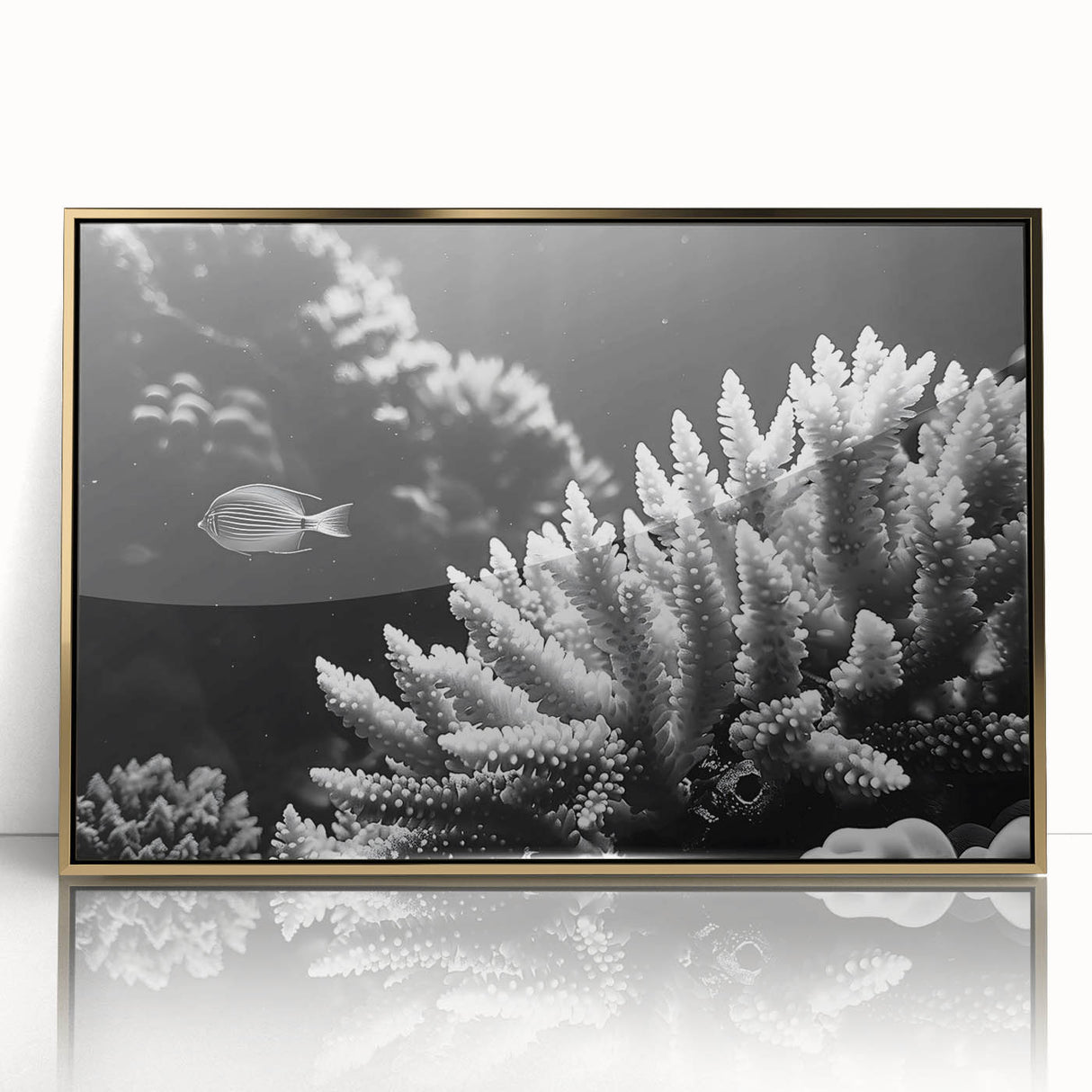 Framed acrylic wall art featuring a vibrant marine life coral design in gold, showcasing intricate details and colors, perfect for ocean-themed decor.