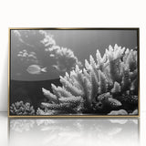 Framed acrylic wall art featuring a vibrant marine life coral design in gold, showcasing intricate details and colors, perfect for ocean-themed decor.