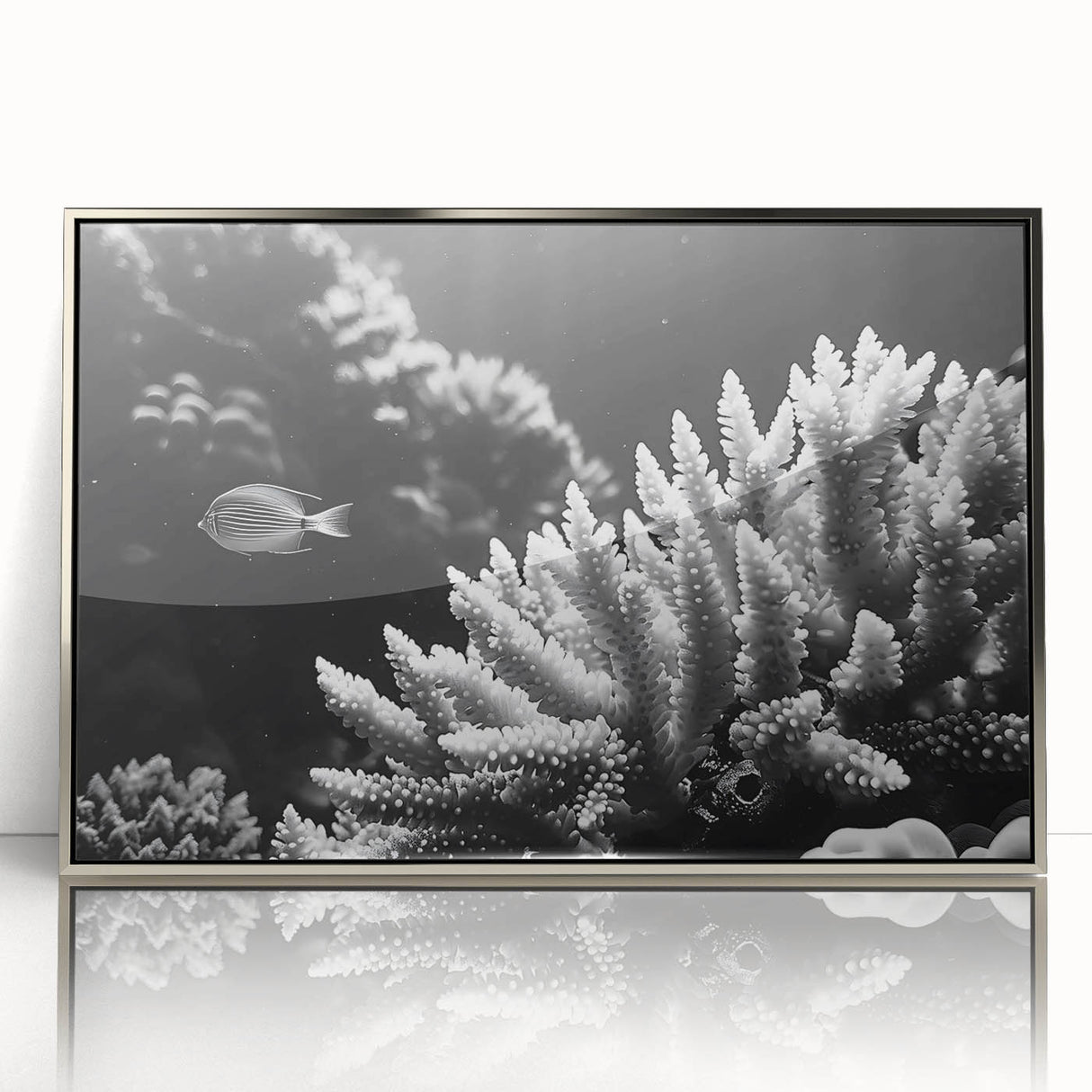 Framed acrylic wall art showcasing a vibrant marine life coral design in silver, perfect for ocean-themed decor. Ideal for enhancing living spaces with a touch of nature.