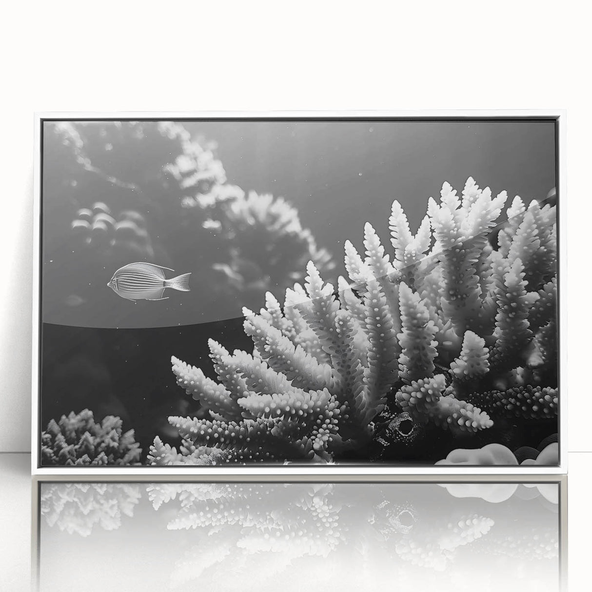 Framed acrylic wall art featuring a vibrant marine life coral design, showcasing colorful corals and sea creatures, set against a white background for a modern aesthetic. Ideal for ocean-themed decor.