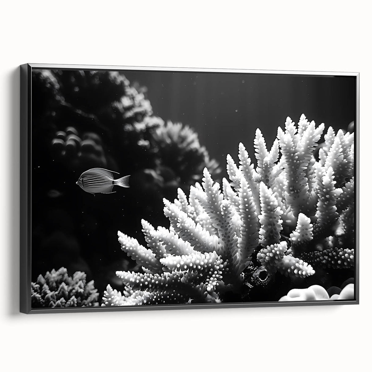 Framed canvas wall art showcasing a vibrant marine life coral design, featuring intricate details in shades of blue and orange against a sleek black frame, ideal for ocean-themed decor.