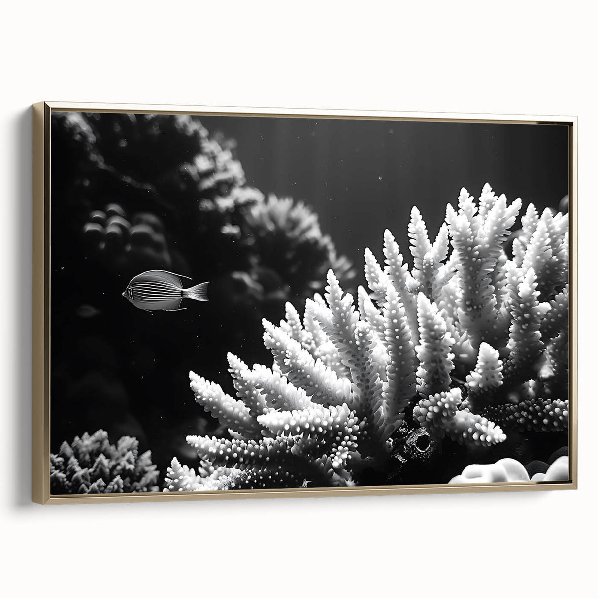 Framed canvas wall art showcasing a vibrant marine life and coral design in gold tones, ideal for beach-themed decor. Perfect for adding color to living spaces.