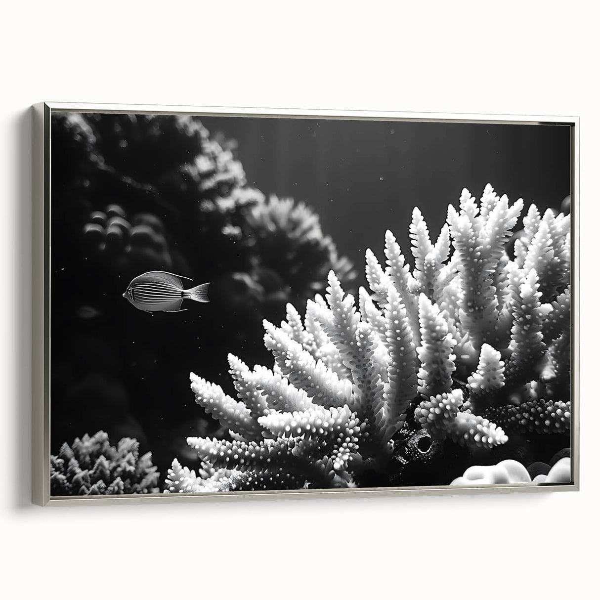 Framed wall art showcasing a vibrant marine life coral design, with intricate details and a sleek silver frame, perfect for ocean-themed decor.
