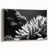 Framed wall art showcasing a vibrant marine life coral design, with intricate details and a sleek silver frame, perfect for ocean-themed decor.