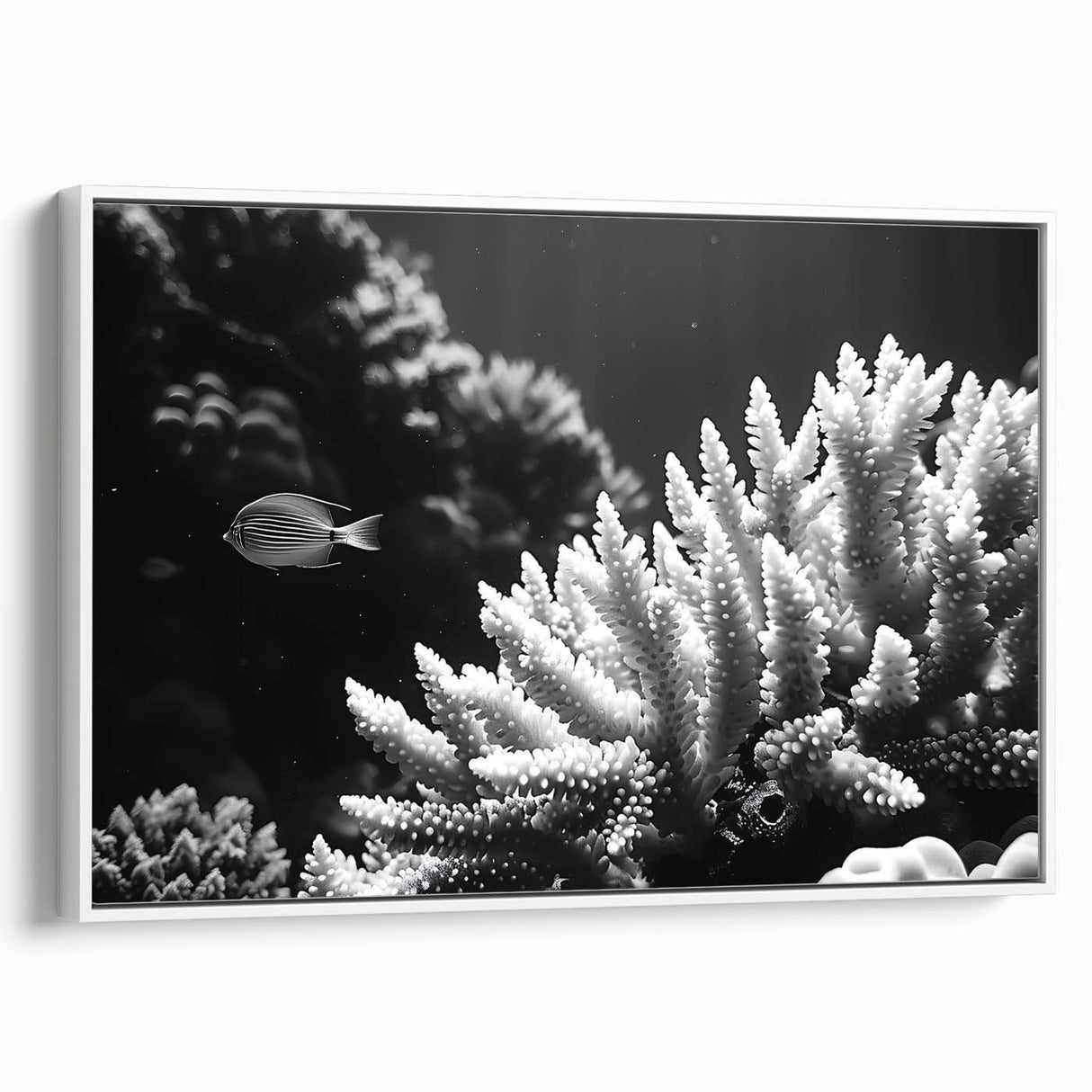 Framed canvas wall art showcasing a vibrant marine life coral design, featuring intricate details and bright colors, perfect for ocean-themed decor.