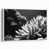 Framed canvas wall art showcasing a vibrant marine life coral design, featuring intricate details and bright colors, perfect for ocean-themed decor.