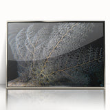 Framed wall art featuring a vibrant coral reef design with various marine life in bold colors, set in a sleek silver frame, perfect for ocean-themed decor.