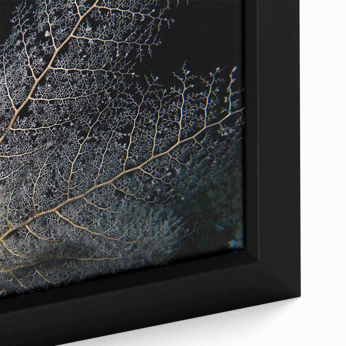 Close-up view of a framed canvas wall art piece showcasing vibrant marine life and coral design, highlighting intricate details and rich colors, perfect for ocean-themed decor.