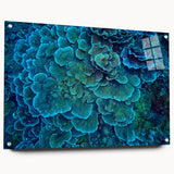 Acrylic glass wall art showcasing a vibrant marine life coral design, featuring intricate details and vibrant colors, displayed from a side view with decorative pins. Perfect for ocean-themed decor.