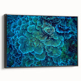 Framed wall art display featuring a vibrant marine life coral design on canvas, showcasing intricate details and a sleek black frame, ideal for ocean-themed decor.