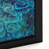 Close-up of a framed canvas wall art piece showcasing vibrant marine life and coral design, featuring intricate details and rich colors, perfect for ocean-themed decor.